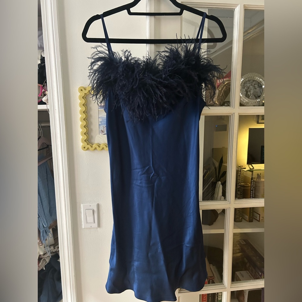 Sleeper Boheme Mini Slip Dress with Feathers Navy Womens Size Medium